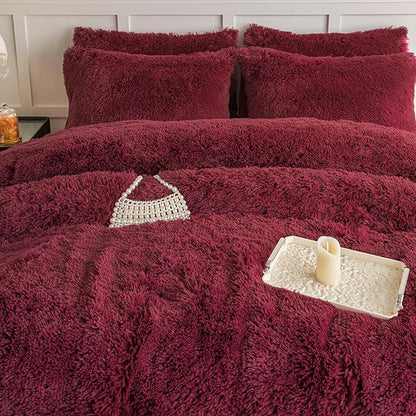 chovy Faux Fur Plush Wine Red Comforter Sets Twin/Full Size - Ultra Soft Shaggy Flannel Velvet Fluffy Fuzzy 3PC Bedding Set (Comforter x 1 Pillowcases x 2)