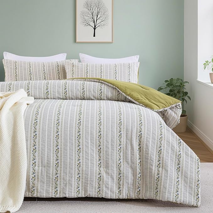 100% Cotton Jacquard Comforter Set, Striped Floral Print, Soft Lightweight Reversible 3 Piece Bedding Sets for All Season, Queen(90"x90")