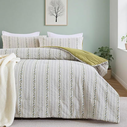 100% Cotton Jacquard Comforter Set, Striped Floral Print, Soft Lightweight Reversible 3 Piece Bedding Sets for All Season, King(104"x90")