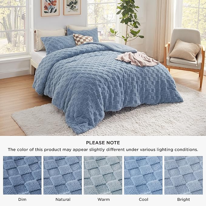 Bedsure Queen Fluffy Comforter Set, Ashley Blue Plush Fleece Bed Set, Checkered Farmhouse Boho Soft Warm Bedding for Winter, 3 Pieces, 1 Comforter (90"x90") and 2 Pillowcases (20"x26")