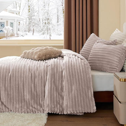 BEDELITE Fleece Queen Comforter Set -Super Soft & Warm Fluffy Lotus Pink Bedding, Luxury Fuzzy Heavy Bed Set for Winter with 2 Pillow Cases