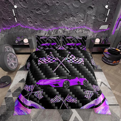 jejeloiu Purple Race Car Bedding Set King Size Extreme Sports Comforter Set for Kids Teens Adult Fast and Furious Duvet Set Dazzling Flag Quilt Set 3Pcs