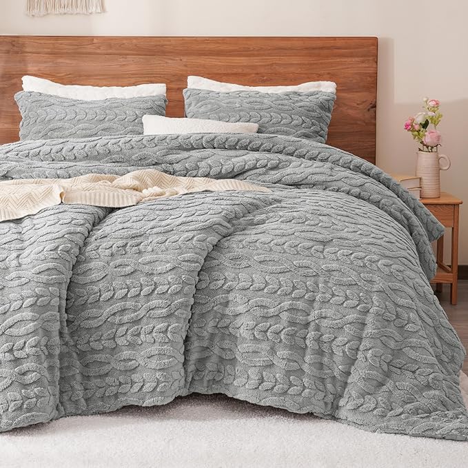 PHF Fluffy Sherpa Fleece King Comforter Set, 3 Pieces Warm Fuzzy Soft Bedding for Winter, 3D Tufted Flannel Plush Shaggy Bed Set, 1 Comforter (104"x90") and 2 Pillowcases (20"x36"), Grey