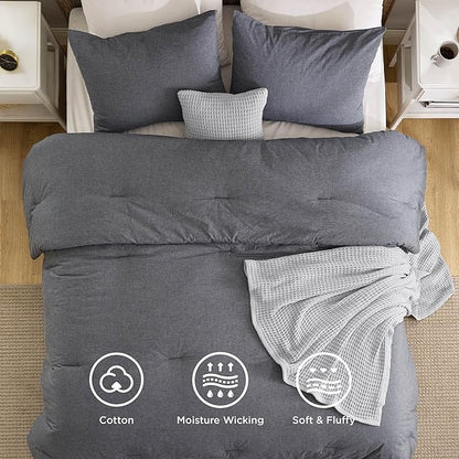 Bedsure 5 Pieces Cotton Comforter Set with Waffle Throw Blanket - Soft Breathable Bedding Set for All Seasons, Dark Grey Queen Comforter, Pillow Shams, Grey 100% Cotton Blanket, Throw Pillow
