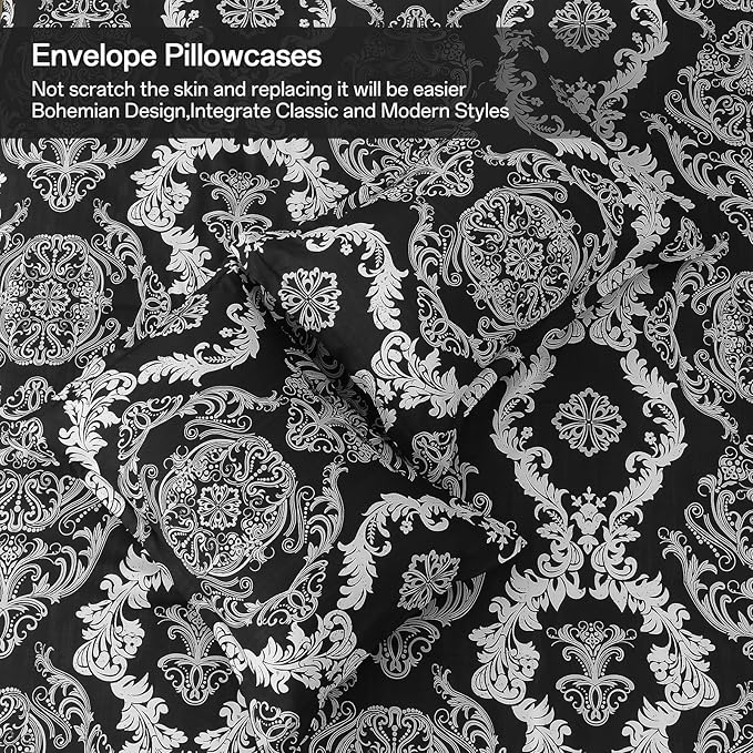 WONGS BEDDING 7 Pieces Comforter Set Queen Size, Black White Texture Bedding Set for All Season, Damask Soft and Breathable Bed in a Bag with Comforter, Flat Sheet, Fitted Sheet, Pillowcases & Shams