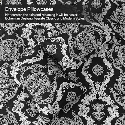 WONGS BEDDING 7 Pieces Comforter Set King Size, Black White Texture Bedding Set for All Season, Damask Soft and Breathable Bed in a Bag with Comforter, Flat Sheet, Fitted Sheet, Pillowcases & Shams