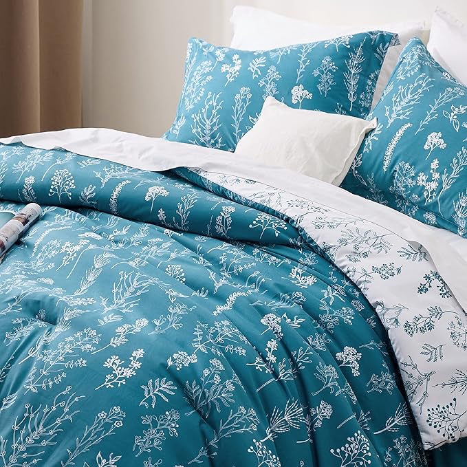 Bedsure Full Comforter Set - Teal Blue Bed Set, 3 Pieces Cute Floral Bedding, 1 Soft Reversible Botanical Flowers Comforter and 2 Pillow Shams