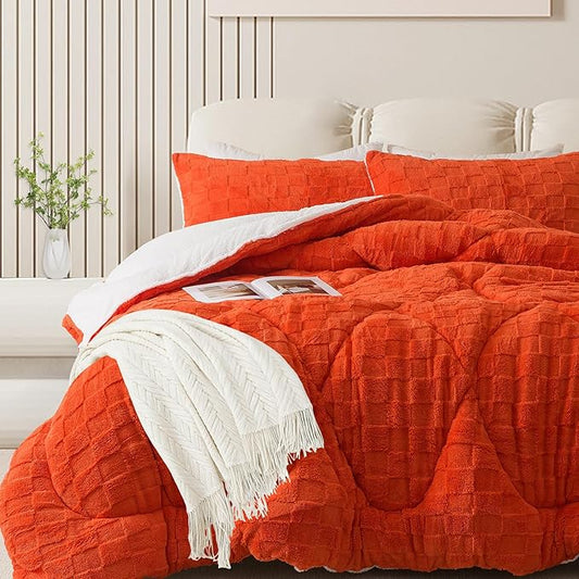 ELNIDO QUEEN® Fluffy Comforter Set Twin, Burnt Orange Winter Fleece Comforter Ultra Soft & Extra Pluffy Plush Comforter Set, Cozy Fuzzy Bed Comforter 2 Pieces (1Comforter, 1 Pillowcase),88x64 inch