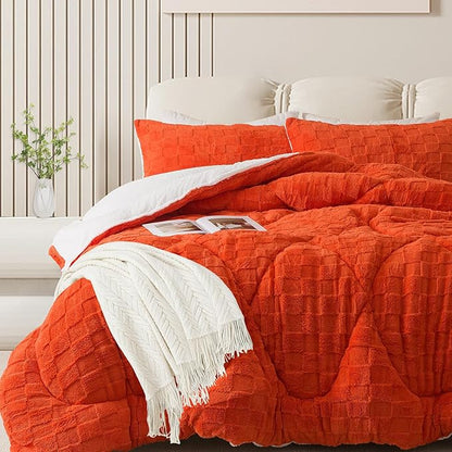 ELNIDO QUEEN® Fluffy Comforter Set Queen, Burnt Orange Winter Fleece Comforter Ultra Soft & Extra Pluffy Plush Comforter Set, Cozy Fuzzy Bed Comforter 3 Pieces (1Comforter & 2 Pillowcases),92x88 inch