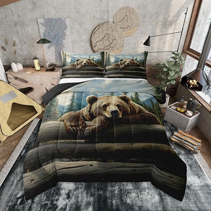 Erosebridal Nature Forest Bear Comforter Set King Size Wild Animals Forest Bedding Set for Child Boys Girls | Rustic Cabin Woodland Brown Bear Comforter Mountain Hunting Wildlife Duvet Insert