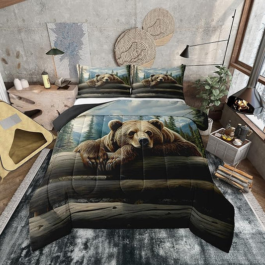 Erosebridal Nature Forest Bear Comforter Set Queen Size Wild Animals Forest Bedding Set for Child Boys Girls | Rustic Cabin Woodland Brown Bear Comforter Mountain Hunting Wildlife Duvet Insert