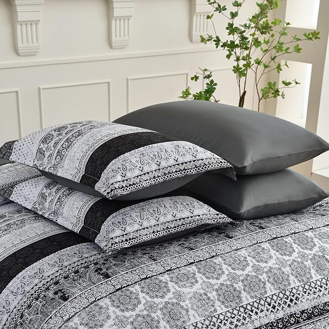 Cottolester Boho King Size Comforter Set 8 Pieces,Gray Bohemian Striped Bed in a Bag,Floral Soft Microfiber Bedding Comforter Set