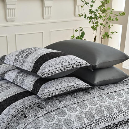 Cottolester Boho Queen Size Comforter Set 8 Pieces,Gray Bohemian Striped Bed in a Bag,Floral Soft Microfiber Bedding Comforter Set