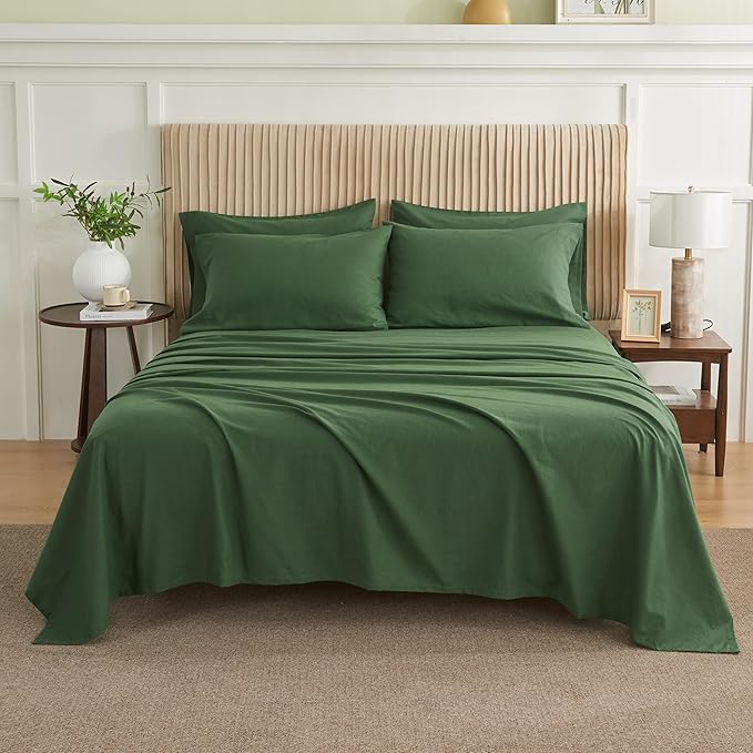 Simple&Opulence Belgian Linen Sheet Set Solid Color - 6 Pieces (1 Flat Sheet & 1 Fitted Sheet & 4 Pillowcases) 16" Deep Pocket Natural Flax Cotton Blended Soft Bedding - Forest Green, Queen Size
