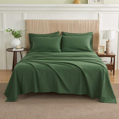 Simple&Opulence Belgian Linen Sheet Set Solid Color - 6 Pieces (1 Flat Sheet & 1 Fitted Sheet & 4 Pillowcases) 16" Deep Pocket Natural Flax Cotton Blended Soft Bedding - Forest Green, Queen Size