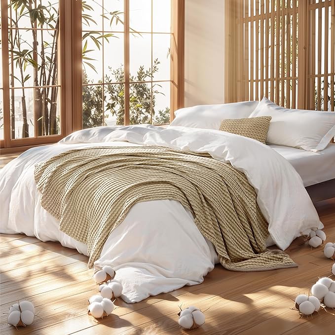 Bedsure 5 Pieces Cotton Comforter Set with Cotton Waffle Throw Blanket - White Queen Comforter, Pillow Shams, Taupe Cooling Blanket of Rayon Derived from Bamboo for Hot Sleepers, Throw Pillow