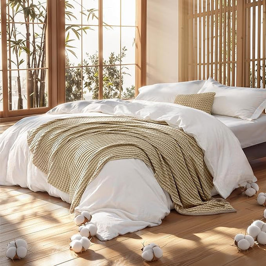 Bedsure 5 Pieces Cotton Comforter Set with Cotton Waffle Throw Blanket - White Queen Comforter, Pillow Shams, Taupe Cooling Blanket of Rayon Derived from Bamboo for Hot Sleepers, Throw Pillow