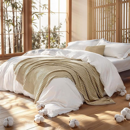 Bedsure 5 Pieces Cotton Comforter Set with Cotton Waffle Throw Blanket - White Comforter Full Size, Pillow Shams, Taupe Cooling Blanket of Rayon Derived from Bamboo for Hot Sleepers, Throw Pillow
