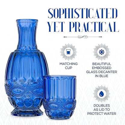 Bedside Water Carafe with Tumbler | 33-Ounce Pitcher and Matching Drinking Glass | Use Cup as a Lid for Carafe | For Guest Room, Nightstand, Office, or Gift | Blue | Elle Decor