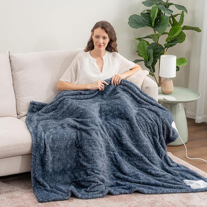 Berkshire Blanket Heated Throw Blanket, Grace Fur to Loftmink Reversible Electric Throw with 4 Heat Levels, Fast Heating Printed Throw for Couch and Bed, Auto Shut-Off Feature (50"x60")