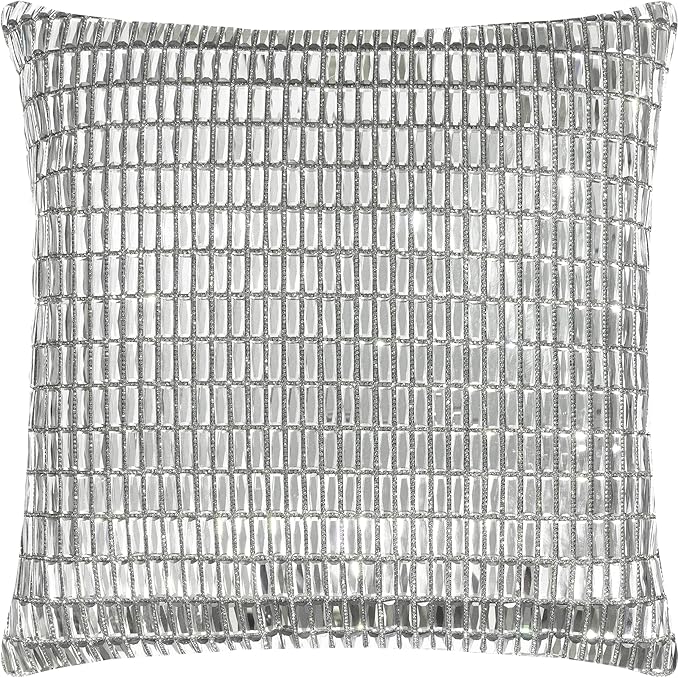 Fifth Avenue Pillow, Velvet Backing, Glass Stones, Dramatic, Hypoallergenic Fiber Insert, for Sophisticated Luxury Home Decor, Silver, 16", Sold Individually