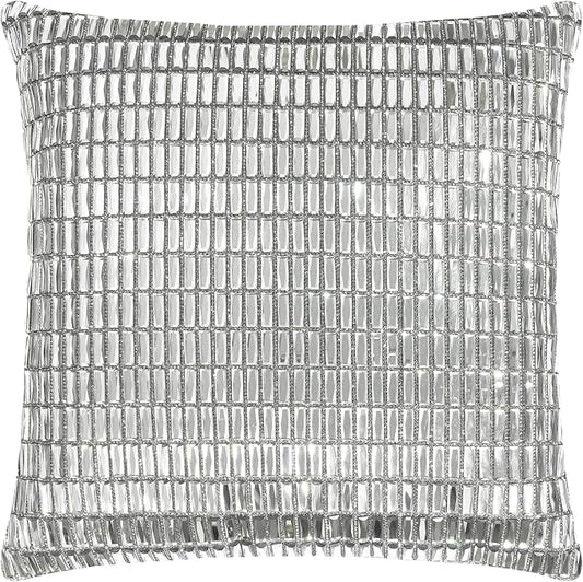 Fifth Avenue Pillow, Velvet Backing, Glass Stones, Dramatic, Hypoallergenic Fiber Insert, for Sophisticated Luxury Home Decor, Silver, 16", Sold Individually