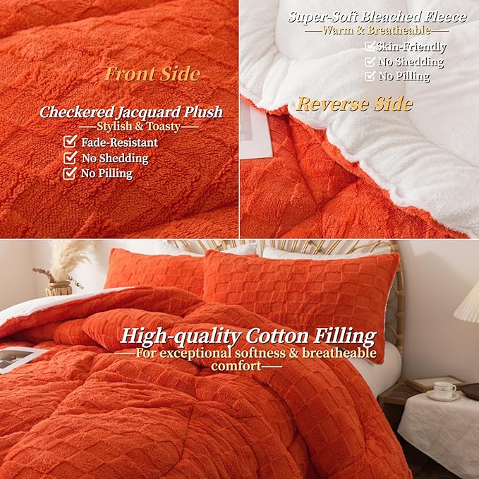 ELNIDO QUEEN® Fluffy Comforter Set King, Burnt Orange Winter Fleece Comforter Ultra Soft & Extra Pluffy Plush Comforter Set, Cozy Fuzzy Bed Comforter 3 Pieces (1Comforter, 2 Pillowcases),102x90 inch
