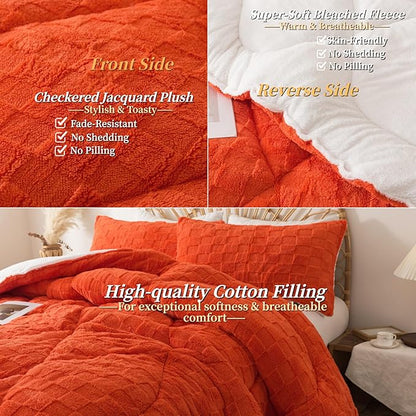 ELNIDO QUEEN® Fluffy Comforter Set Queen, Burnt Orange Winter Fleece Comforter Ultra Soft & Extra Pluffy Plush Comforter Set, Cozy Fuzzy Bed Comforter 3 Pieces (1Comforter & 2 Pillowcases),92x88 inch