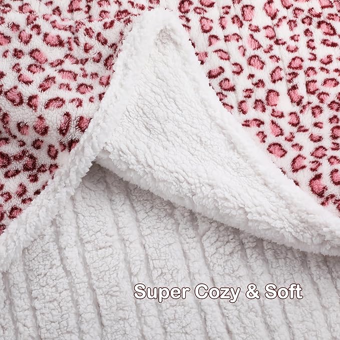 Electric Heated Blanket Throw Size 50"×60" with 9 Heating Levels & 1-10 Hs auto Off, Heating Throw Double Sided Sherpa, Energy Efficient, Machine Washable, Leopard Print Pink & White