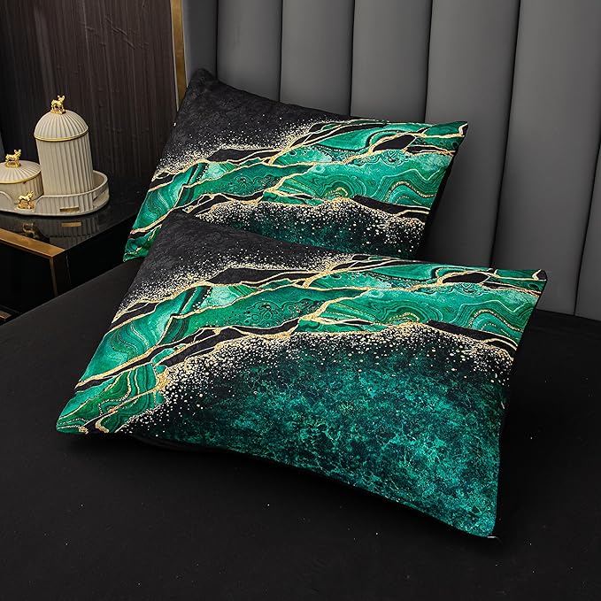 Tailor Shop 5Pcs Marble Green Comforter Set Queen Size for Women Adults Black Green and Gold Marble Bedding Sets Bed in a Bag (1 Comforter, 1 Flat Sheet, 1 Fitted Sheet, 2 Pillowcases)