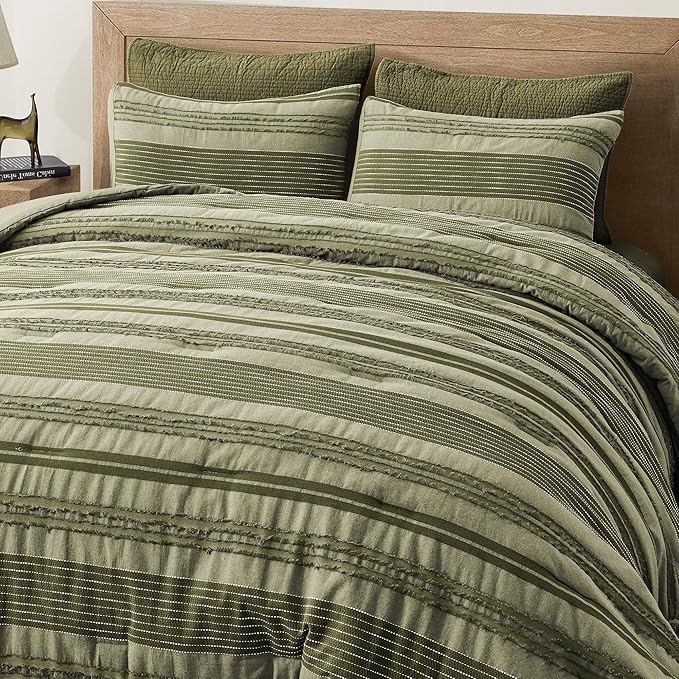 Wonderful Army Green Comforter Set Queen Size, Yarn Dyed Farmhouse Striped Cotton Lightweight Boho Comforter with Pillow Shams, Fluffy Bedding Set for All Season