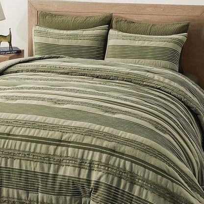 Wonderful Army Green Comforter Set Queen Size, Yarn Dyed Farmhouse Striped Cotton Lightweight Boho Comforter with Pillow Shams, Fluffy Bedding Set for All Season