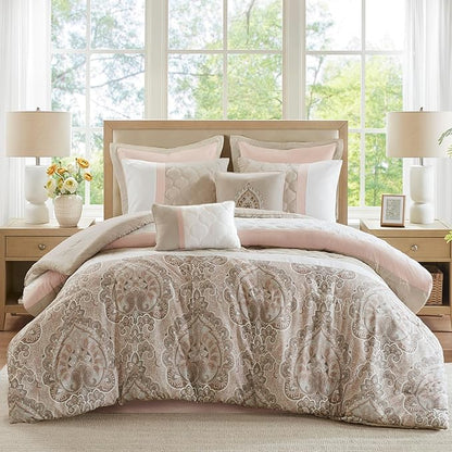 510 DESIGN Luxe Quilted Comforter Set Modern Transitional Design, All Season Down Alternative Warm Bedding Matching Shams, Bedskirt, Decorative Pillow, King, Shawnee Scrollwork Blush