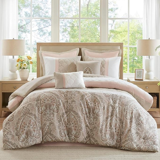 510 DESIGN Luxe Quilted Comforter Set Modern Transitional Design, All Season Down Alternative Warm Bedding Matching Shams, Bedskirt, Decorative Pillow, King, Shawnee Scrollwork Blush