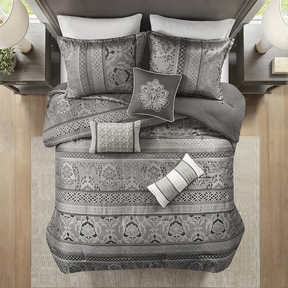 Madison Park Bellagio Cozy Comforter Set - Luxurious Jaquard Traditional Damask Design, All Season Down Alternative Bedding with Matching Shams, Decorative Pillow, Queen(90"x90"), Grey 7 Piece