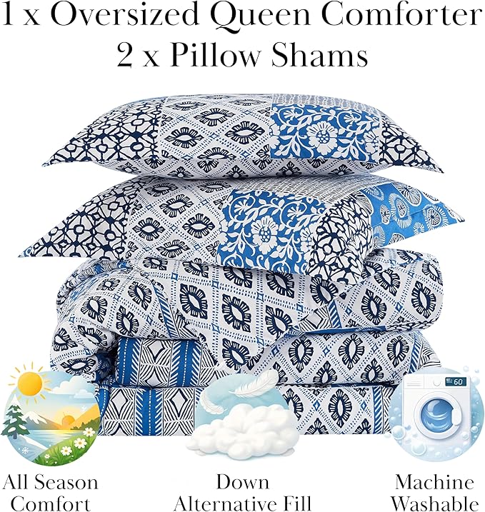 Southshore Fine Living, Inc. Full/Queen Sized Comforter Bedding Set with Pillow Shams, Reversible Global Patchwork Quilt is 2 Colors in 1 - Alternative Down Comforter for Queen/Full beds, Blue & White