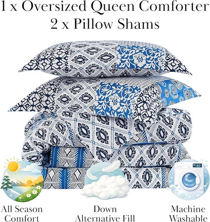 Southshore Fine Living, Inc. Full/Queen Sized Comforter Bedding Set with Pillow Shams, Reversible Global Patchwork Quilt is 2 Colors in 1 - Alternative Down Comforter for Queen/Full beds, Blue & White