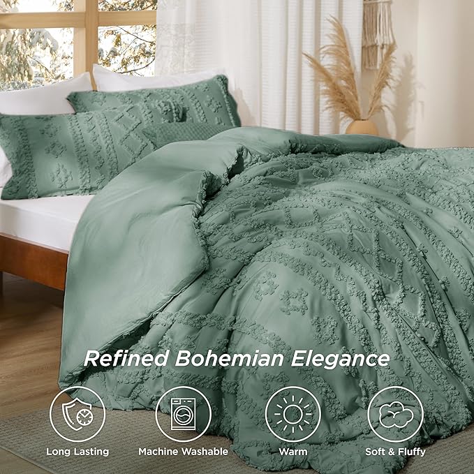 Bedsure Tufted Boho Comforter Set Full Size - Green Boho Bed Set, GentleSoft™ 3 Pieces Farmhouse Shabby Chic Embroidery Bedding, Gifts for Woman, Soft Jacquard Full Comforter for All Seasons