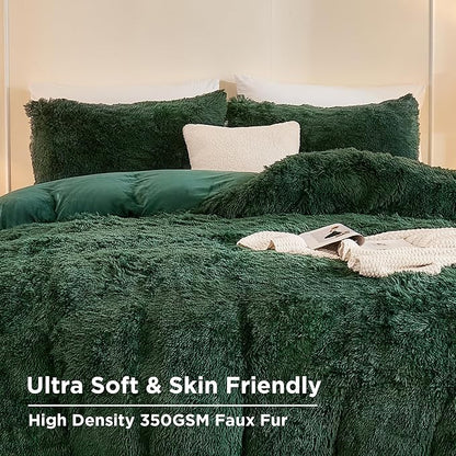 Andency Fluffy Emerald Green Comforter Set Full Size, 3 Pieces Winter Faux Fur Warm Soft Fuzzy Plush Bedding Comforter Set (1 Velvet Comforter & 2 Pillowcases), Thick Heavy Puffy Comfy Bedding Set