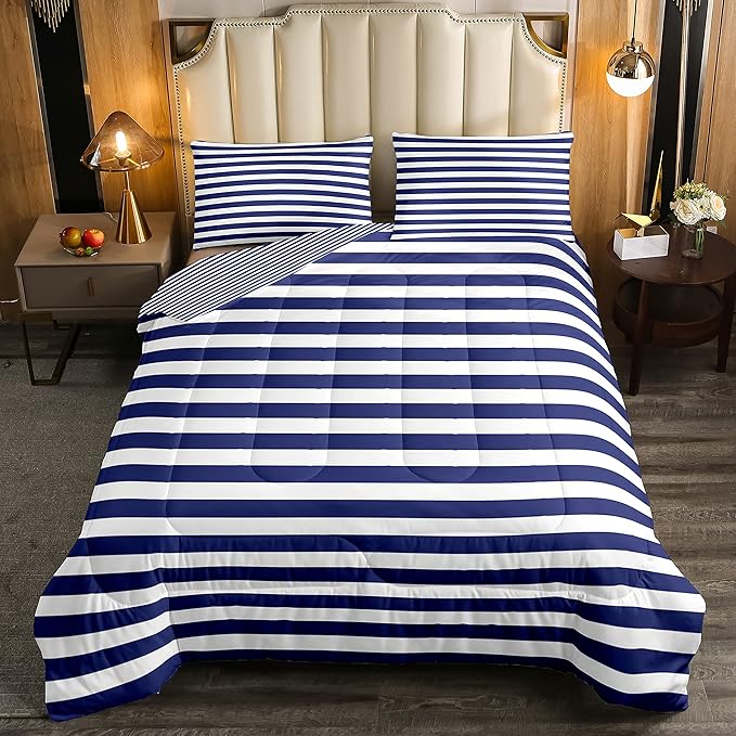 Navy Blue Stripe Comforter Set Twin Size White Geometric Ticking Stripes Reversible Down Comforter Farmhouse Horizontal Stripes Gothic Home Decor Duvet Set Modern Abstract Striped Bedding Set