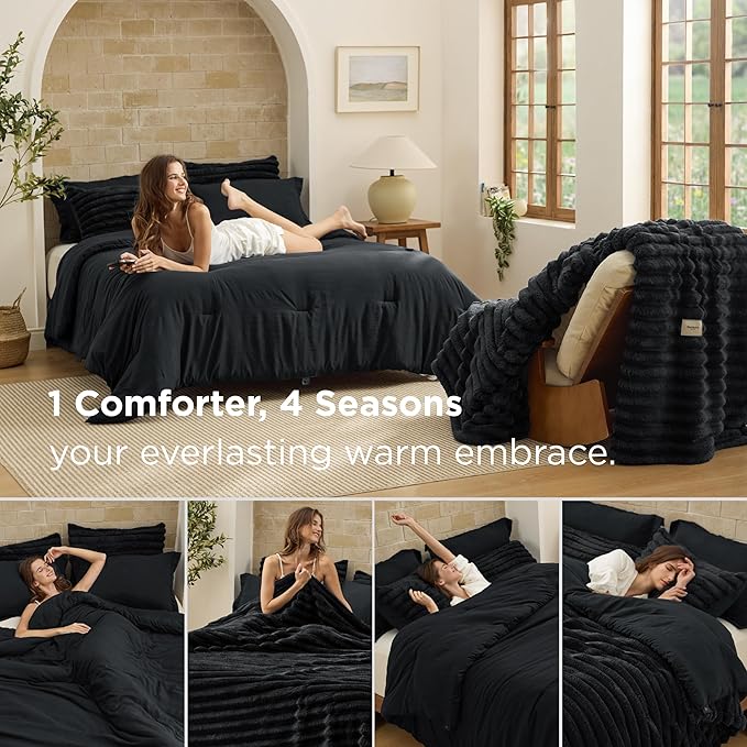 Bedsure Gentlesoft™ 2-in-1 Queen Comforter Set and Detachable Fluffy Blanket, Black Bedding Set for All Season Use, SnapTech™ Design for Space Saving (Includes 2 Pillow Shams, 2 Pillowcases)
