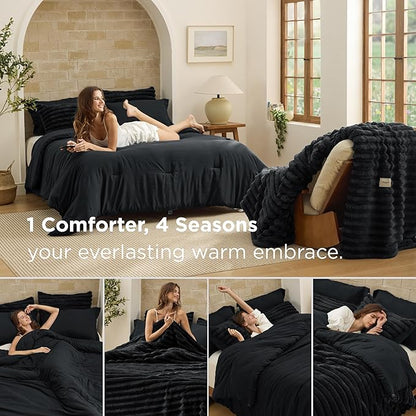 Bedsure Gentlesoft™ 2-in-1 King Size Comforter Set and Detachable Fluffy Blanket, Black Bedding Set for All Season Use, SnapTech™ Design for Space Saving (Includes 2 Pillow Shams, 2 Pillowcases)