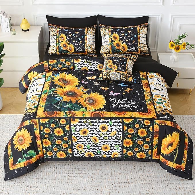 JQinHome Sunflower Comforter Set Full for Girls Women,8 Piece Bed in A Bag 3D Black Sunflower Theme Butterfly Bedding Set with Sheet Set(Black)