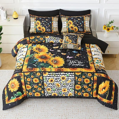 JQinHome Sunflower Comforter Set Full for Girls Women,8 Piece Bed in A Bag 3D Black Sunflower Theme Butterfly Bedding Set with Sheet Set(Black)