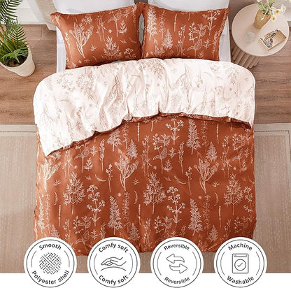 Love's cabin Terracotta Comforter Set Queen - Queen Size Comforter Set, 3 Pieces Cute Floral Bedding Sets for All Seasons,1 Soft Reversible Botanical Flowers Comforter and 2 Pillow Shams