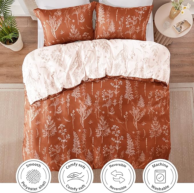 Love's cabin Terracotta Comforter Set King - King Size Comforter Set, 3 Pieces Cute Floral Bedding Sets for All Seasons,1 Soft Reversible Botanical Flowers Comforter and 2 Pillow Shams