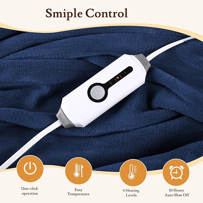Electric Heated Blanket 72"x84" Full Size Coral Fleece - 4 Heat Settings & 10H Auto Shut Off for Safe Overnight Use, Fast Heating, Machine Washable for Bed, Couch, Office - Dark Dlue