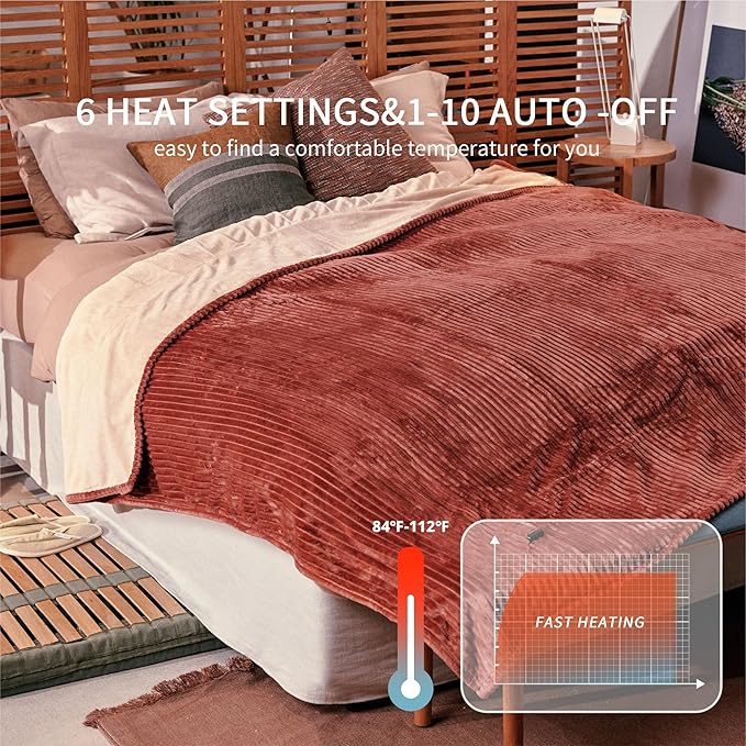Heated Blanket Twin Size 62"x84",ETL Certification-6 Heating Levels Electric Blanket&1-10 Hour Auto Off,Machine Washable Heating Blanket(RED)