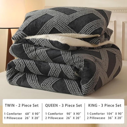 Tufted Boho Comforter Set Queen - Grey Fluffy Sherpa Bedding Set, Soft Fuzzy Jacquard Quilt Set, 3 Pieces Cozy Bed Set Warm Comforter for Winter(90"X90")