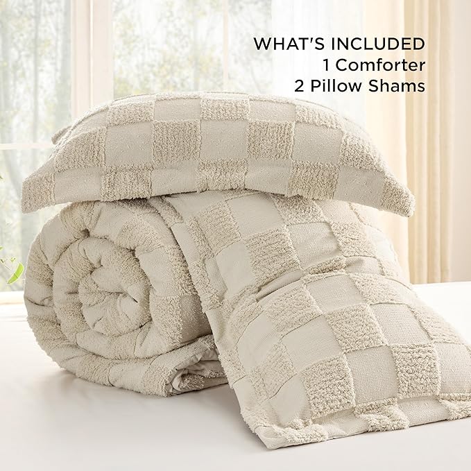 Bedsure King Size Comforter Set Olive Green, Boho Tufted Bed Set, Checkered Farmhouse Shabby Chic Bedding, 3 Pieces, 1 Plaid Geometric Comforter and 2 Pillow Shams